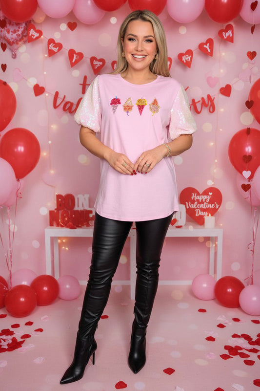 Ice cream embroidery pink sequin puff short sleeves women shirt DLH13632