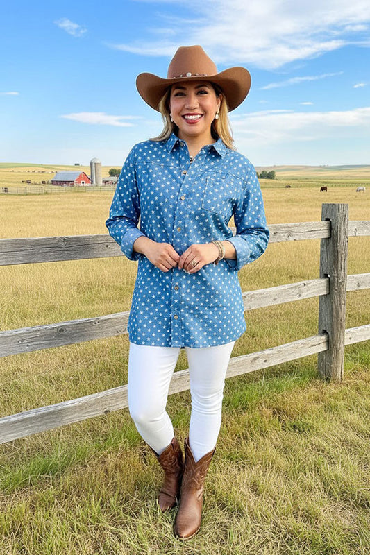 Women's clothing wholesale online washed denim stars button up blouse DLH14691