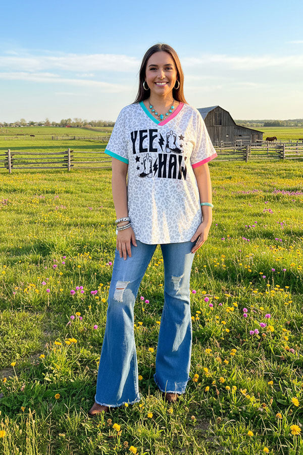 XCH14764 YEE HAW & Leopard prints short sleeve women top