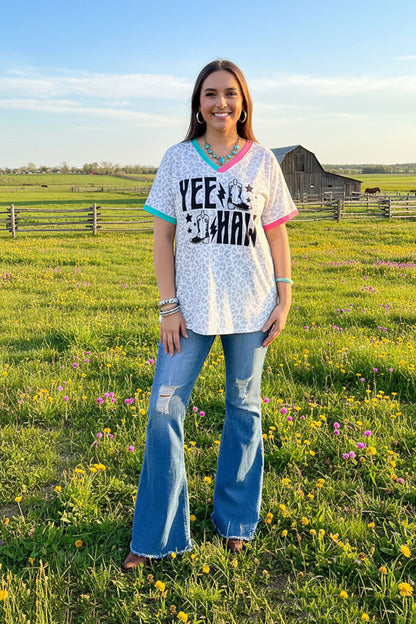 XCH14764 YEE HAW & Leopard prints short sleeve women top