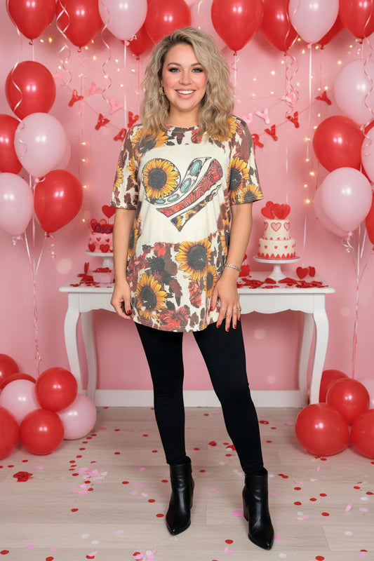 Valentine Sunflower & Jewel & Paisley hearts print short sleeve women top DLH12411