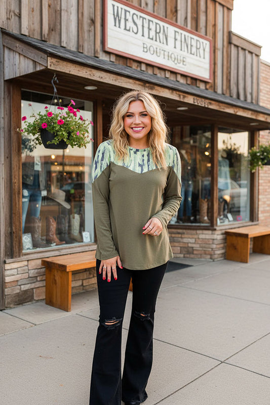 Western cactus printed & olive green long sleeve women tops GJQ10114