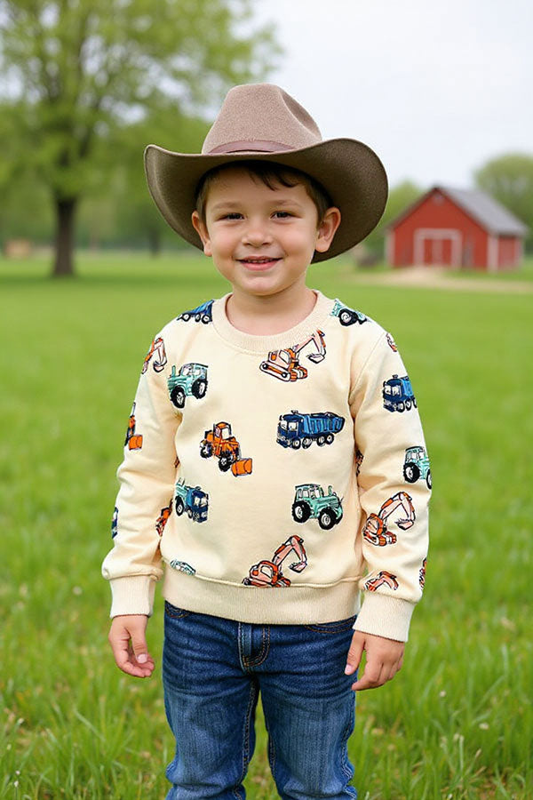 Excavator prints long sleeve cream boys sweatshirt 250930M