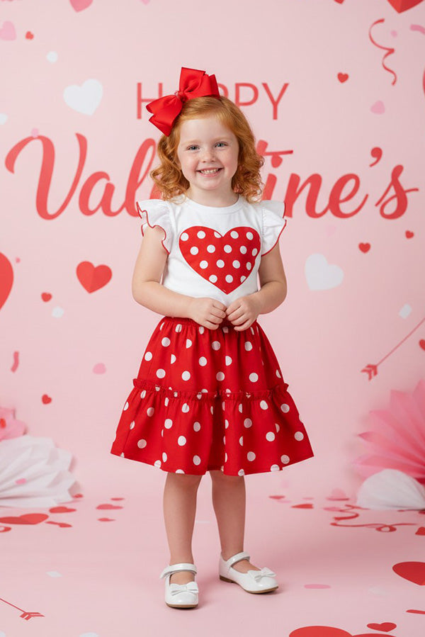 Hearts printed white short sleeve top & polka dots skirt girls set X04016