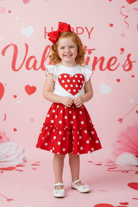 Hearts printed white short sleeve top & polka dots skirt girls set X04016