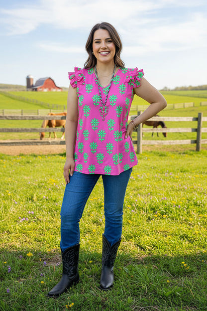 Mint flower prints short sleeves women tops w/ruffles YMY13365