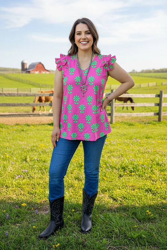 Mint flower prints short sleeves women tops w/ruffles YMY13365