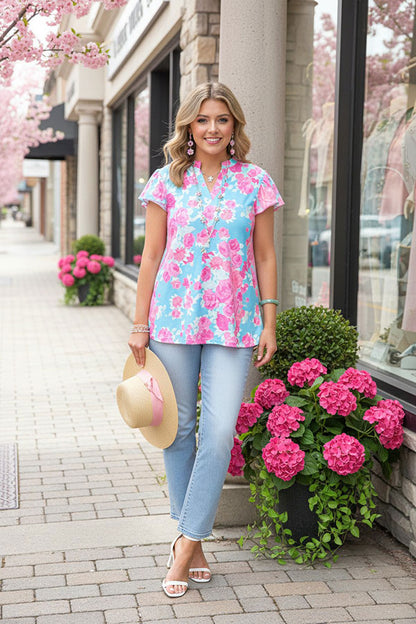 Southern Stitch floral printed short sleeve w/ruffle V-neckline women tops GJQ15993