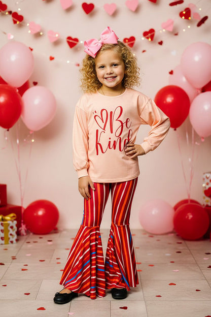 XCH0018-14 "Be Kind" heart print top & striped bell bottom 2pc girls sets