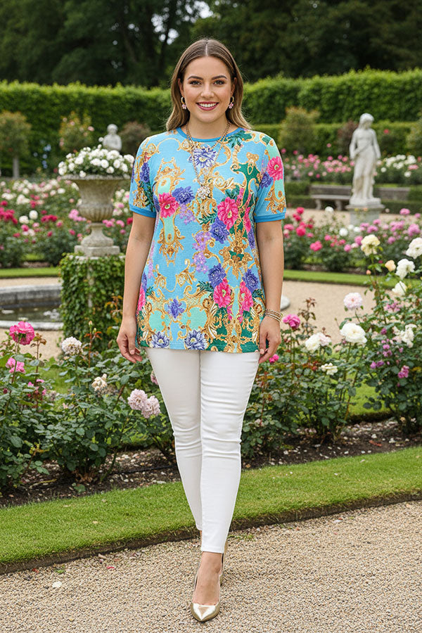 Women's t-shirt wholesaleTurquoise pink & purple floral gold printed short sleeve top GJQ13637