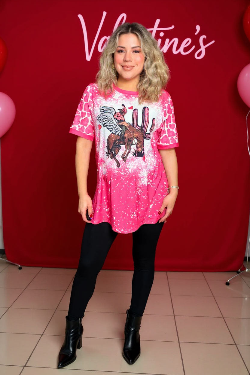 Cowboy riding horse printed short sleeves fuchsia women top XCH14568