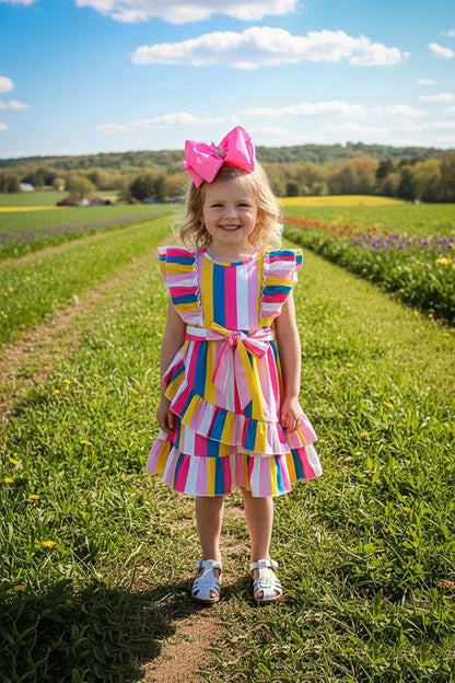 XCH03008 Multi color striped ruffle sleeve girls dress w/tied belt