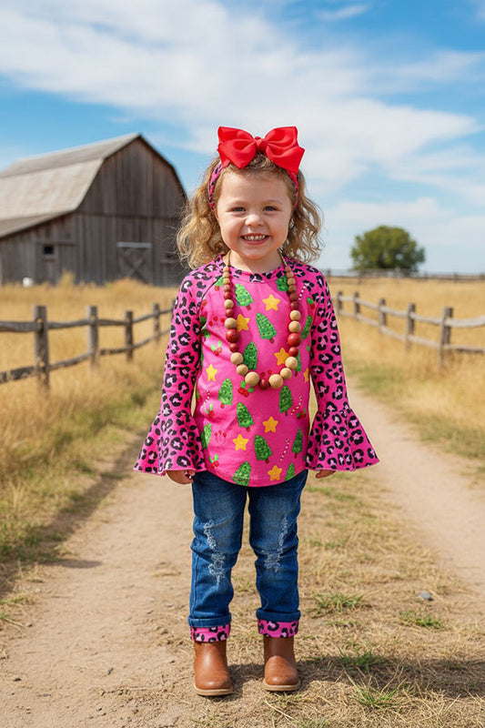 DLH2809 Christmas tree prints top blue denim pant 2pc girls outfit sets