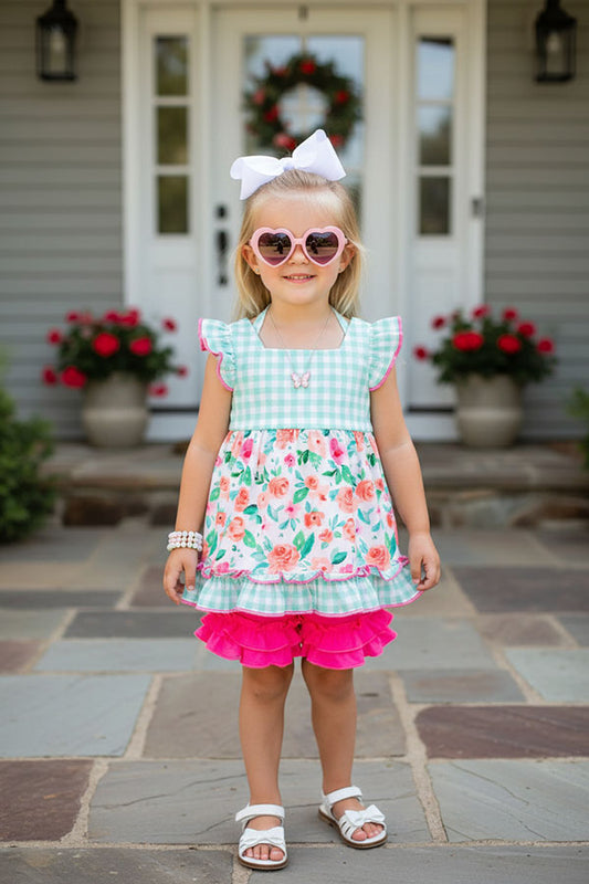 Floral & checker print aqua ruffle 2pc girls sets XCH0666-35