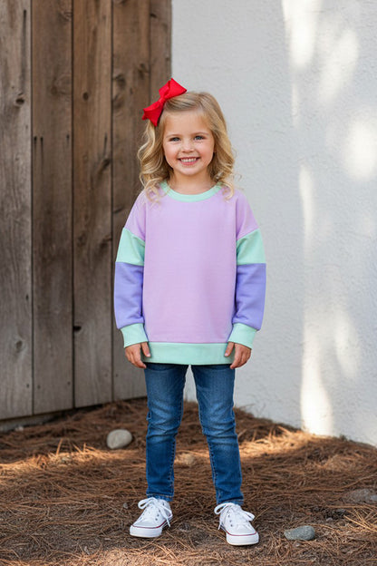 Pink & Lime green & lavender color block long sleeve girls sweatshirt BQ2419