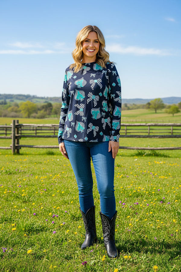 Western riding horse turquoise & green & checkered long sleeve top XCH16871