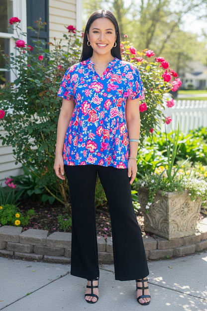 Floral printed blue double ruffle bell short sleeve women's blouse GJQ16191