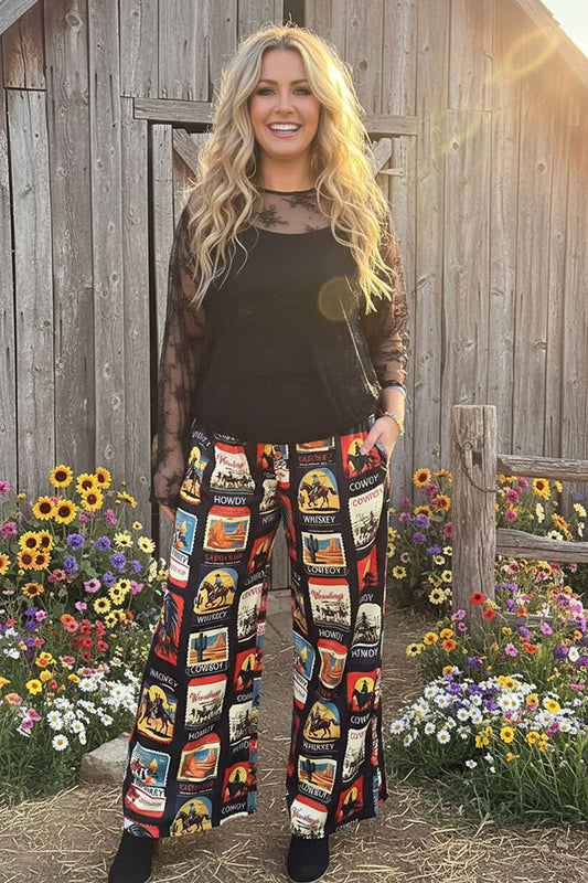 Western patterns printed wide legs high waist women pant XCH16858
