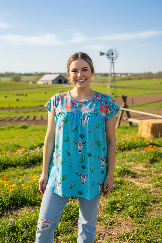 Floral & Bull & Cactus prints short sleeve women top XCH13661S