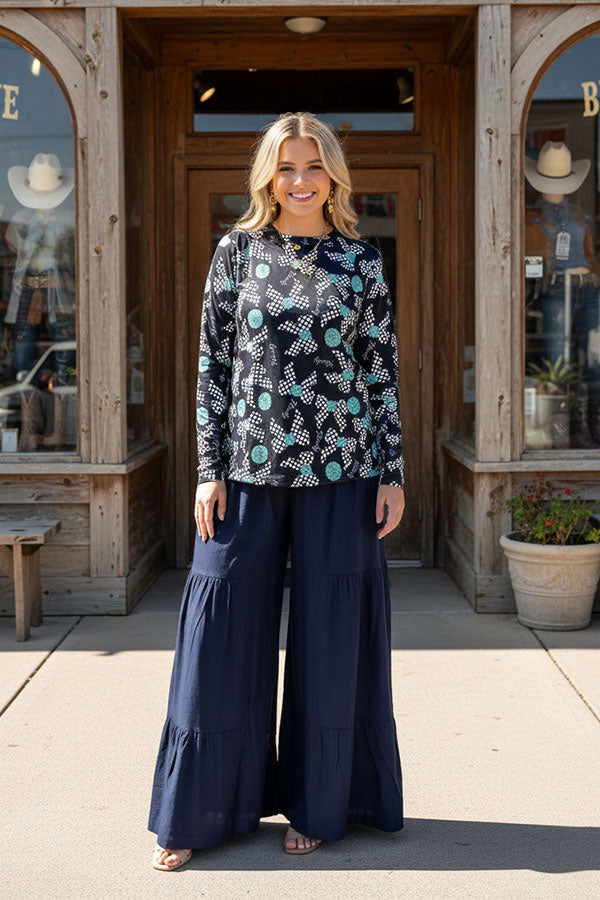 Navy blue cotton striaght wide leg flared women pant XCH16746