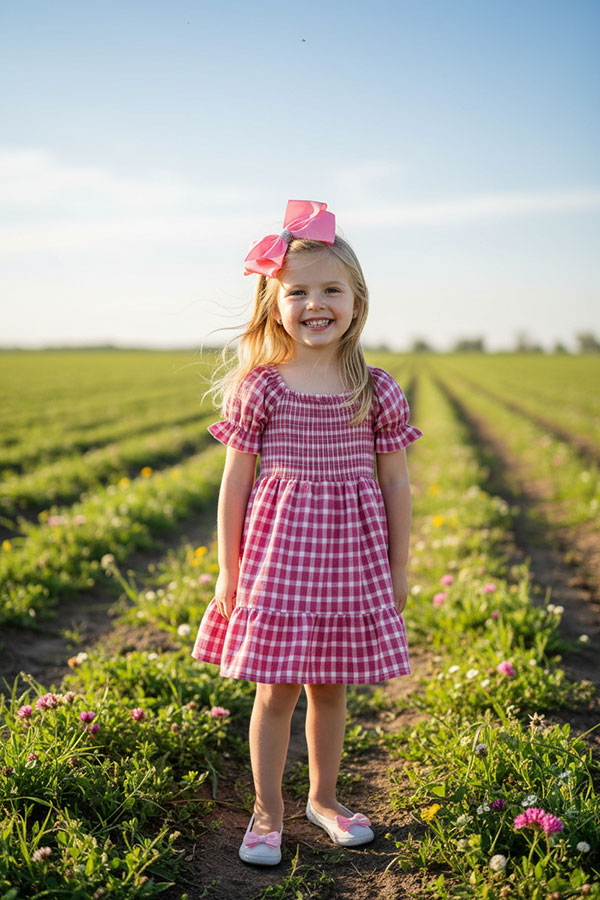 XCH03017 Pink plaid gathered & ruffles short sleeve cotton girls dress