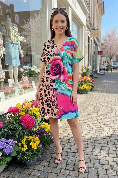 XCH13730 Half leopard & tie dye floral multi color printed short sleeve women dress