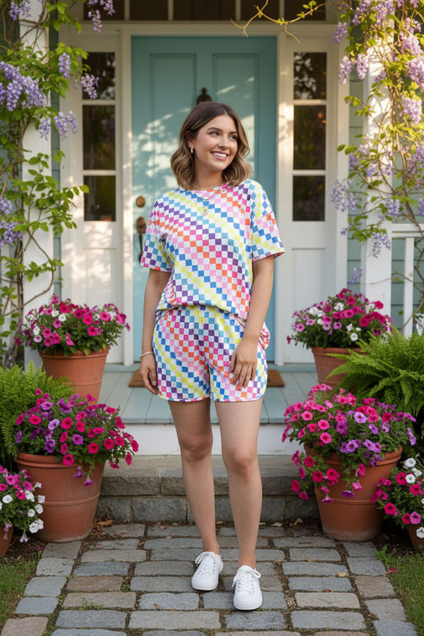 Multi color checkered short sleeve top & shorts 2pc women's set XCH16942