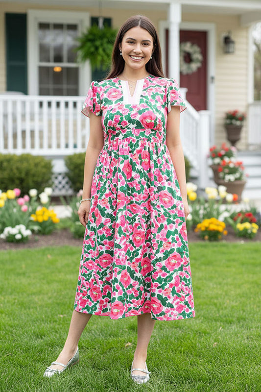 Pink & Green floral printed puff cap sleeves boutique clothing bulk GJQ16625