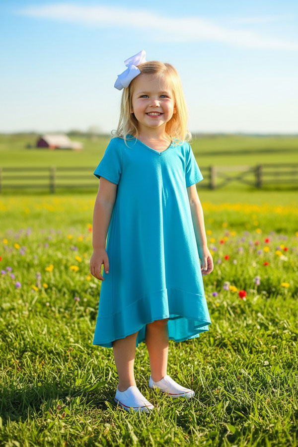 XCH0020-5H Blue long style short sleeve girls dress (A2S8)