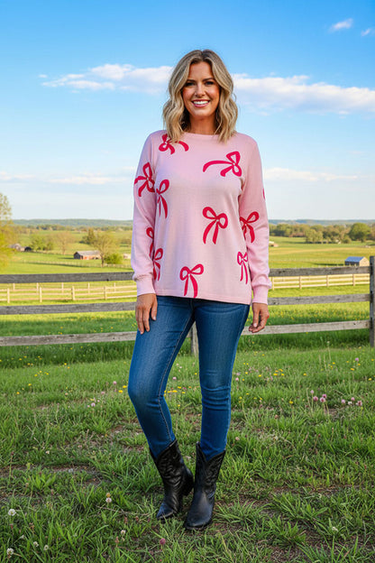 Bows printed & pearls pink long sleeve women shirts XCH16785