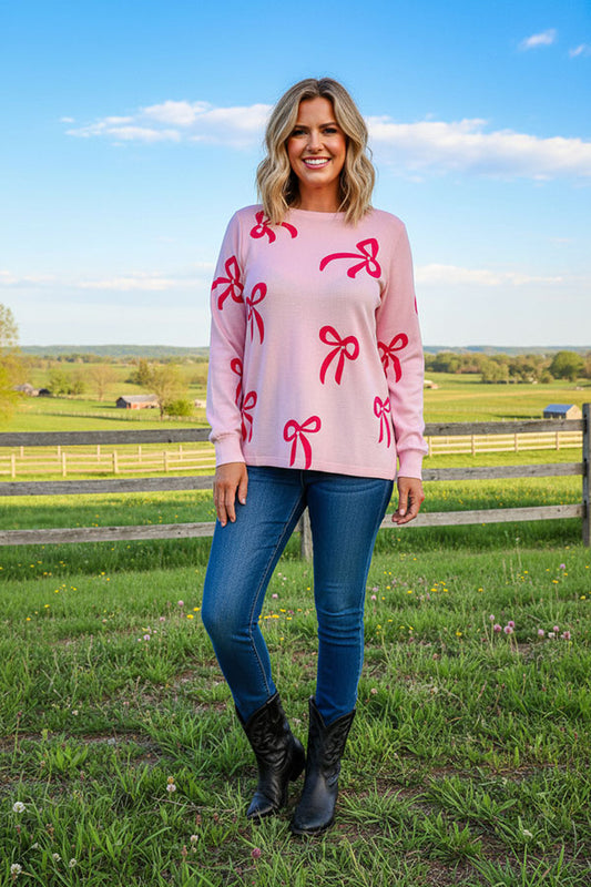Bows printed & pearls pink long sleeve women shirts XCH16785