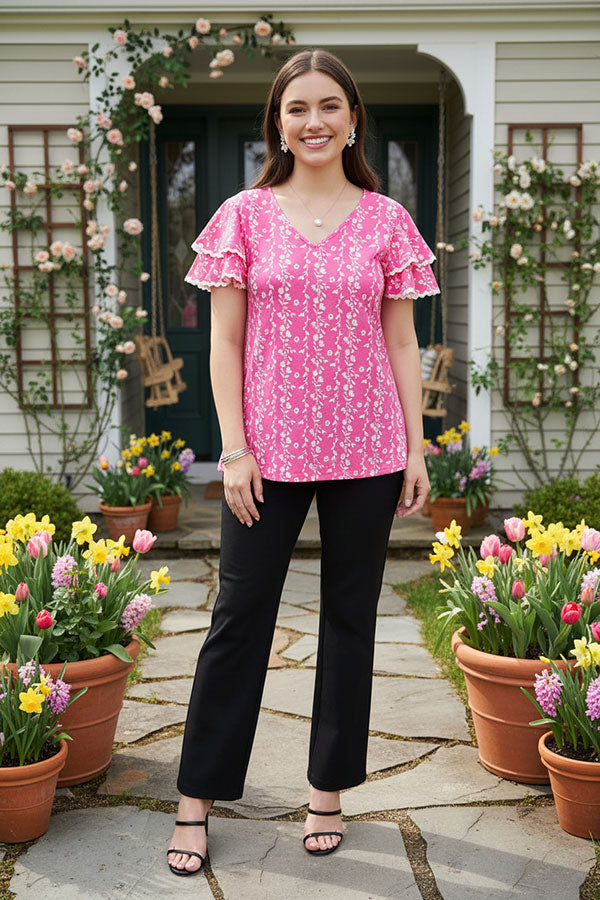 Southern Stitch Pink floral printed & puff short sleeves white trim women top XCH16951