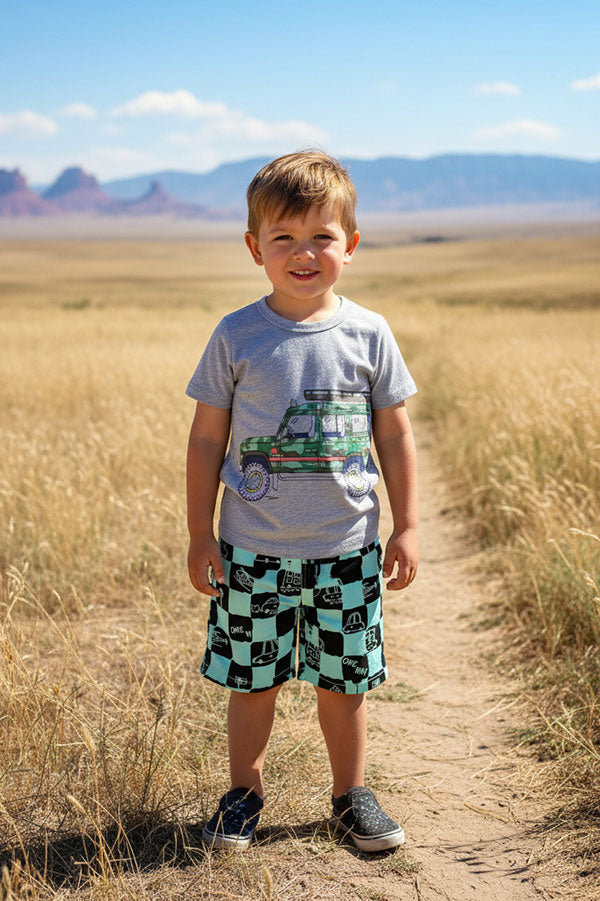 Summer camo car printed grey short sleeve top & checkered shorts 2pc boy set 250945M