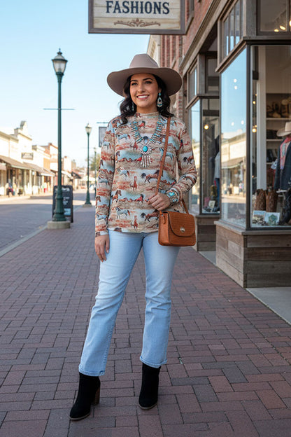 Western wild horse printed long sleeve mesh women top XCH16923