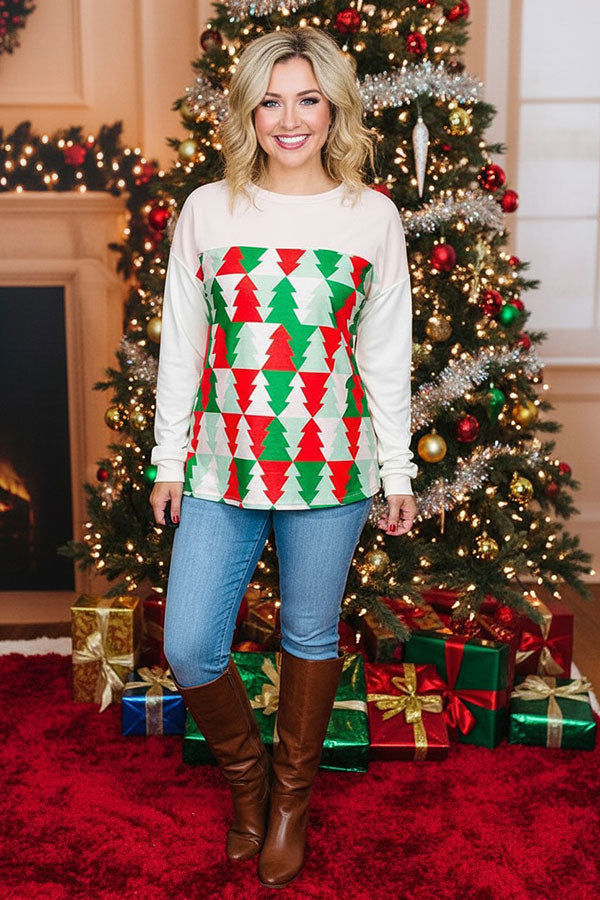 Red/green Christmas tree printed drop shoulder long sleeve women tops BQ15418
