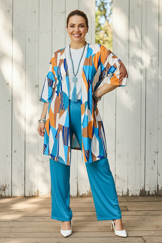 Western geometric graphic printed cardigan & turquoise pants 2pc women set GJQ15773