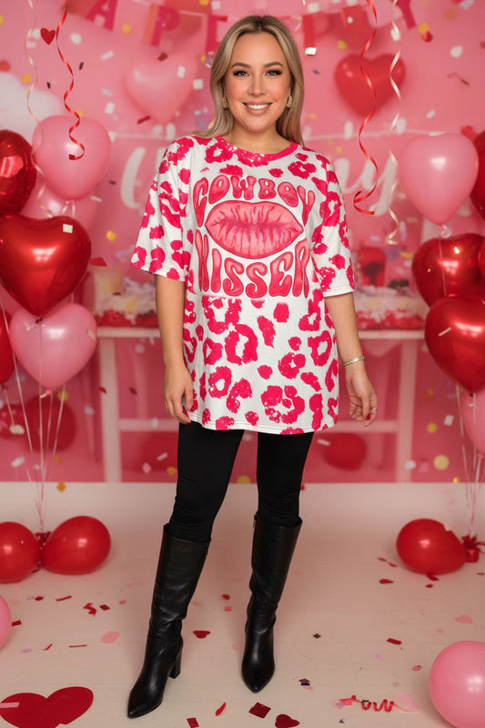 Valentine COWBOY KISSER LIPS leopard short sleeve women t-shirt XCH14626