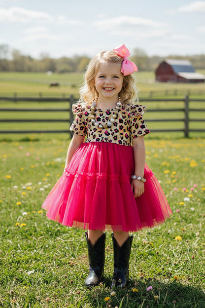 Leopard & tulle swirl girls dress w/tie belt XCH0017-17H