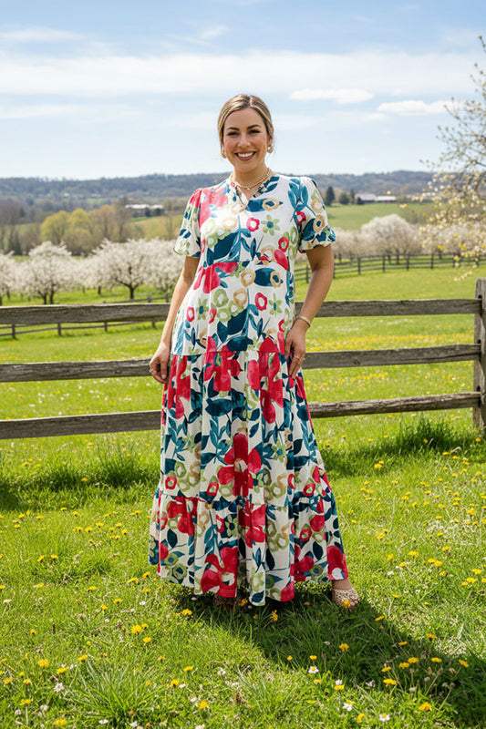 Plus size mint & red floral printed balloon sleeve women maxi dress BQ16099