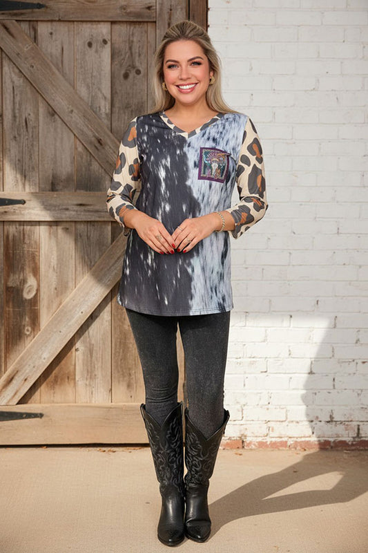 Western half tie dye leopard 3/4 sleeve & bull printes women top XCH14766