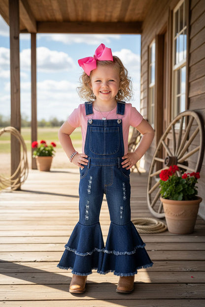 One piece adjustable washed blue denim fabric double ruffle girls jeans 250932M