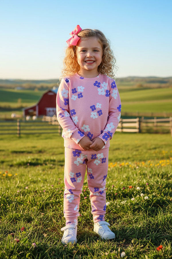 Pink flower prints knitted long sleeve top & pant 2pc girls sets DLH2836