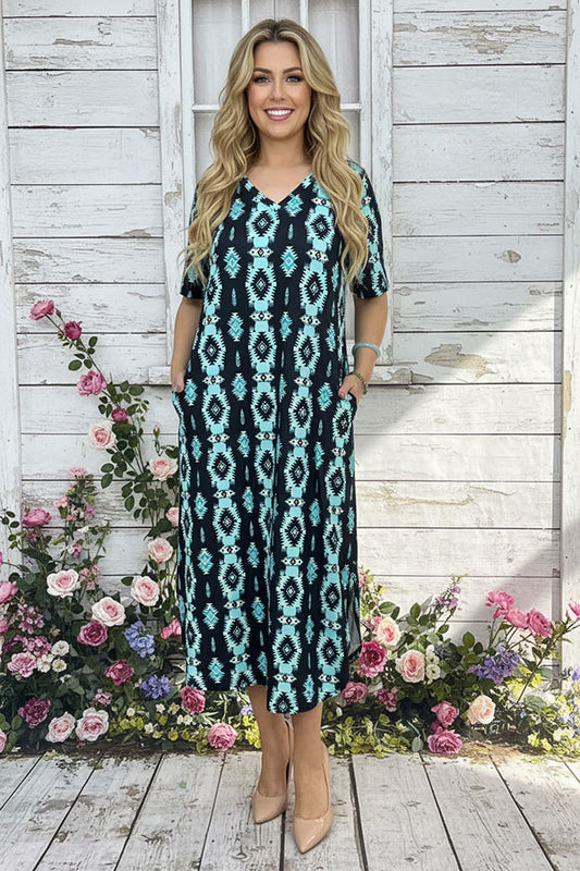 Western turquoise aztec print maxi women's dress with side slit XCH16816