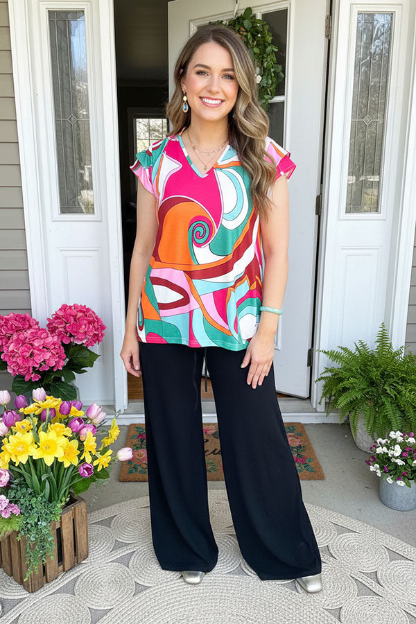 Abstract prints cap sleeve women's blouse XCH16454