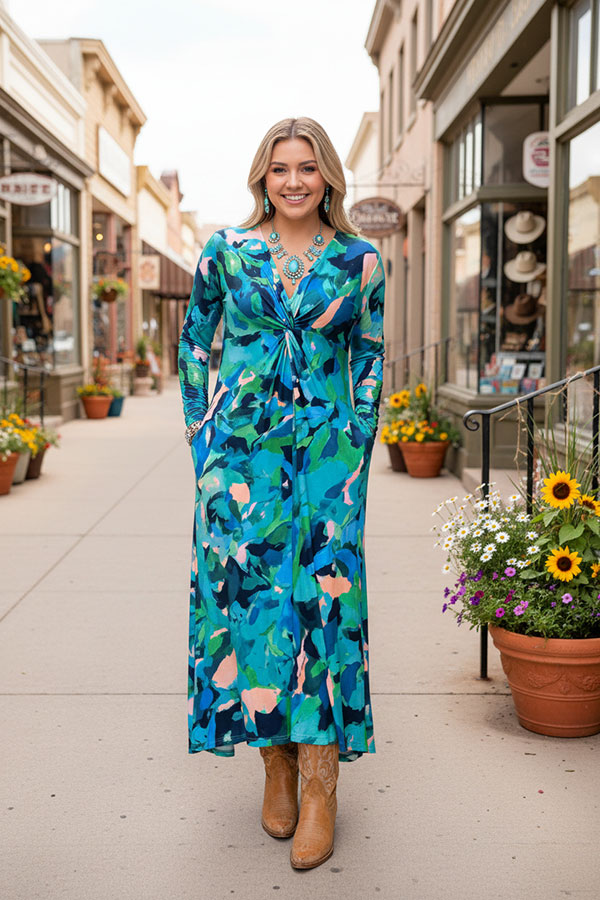 Bule painting printed twist long sleeve women dress w/v-neckline BQ16322