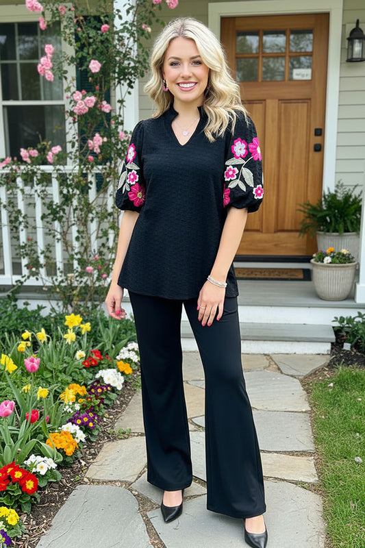 Floral embroidery puff sleeves black textured women blouse XCH16529