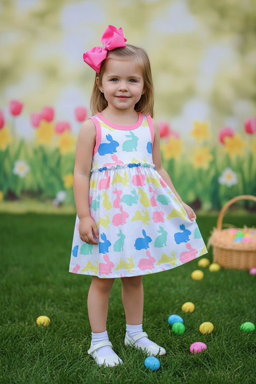 XCH03007 Easter bunny printed pink trim sleeveless girls dress