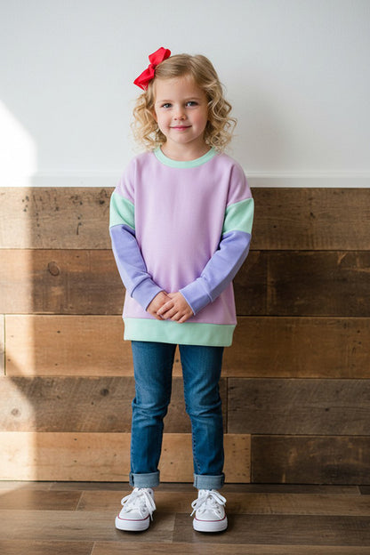 Pink & Lime green & lavender color block long sleeve girls sweatshirt BQ2419