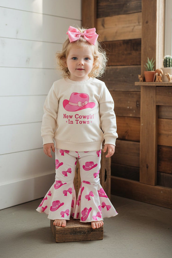 Western "New Cowgirl In Town" & hat prints long sleeve top & pant 2pc girls set 251148M