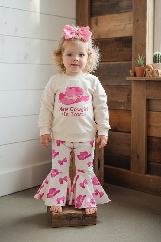 Western "New Cowgirl In Town" & hat prints long sleeve top & pant 2pc girls set 251148M